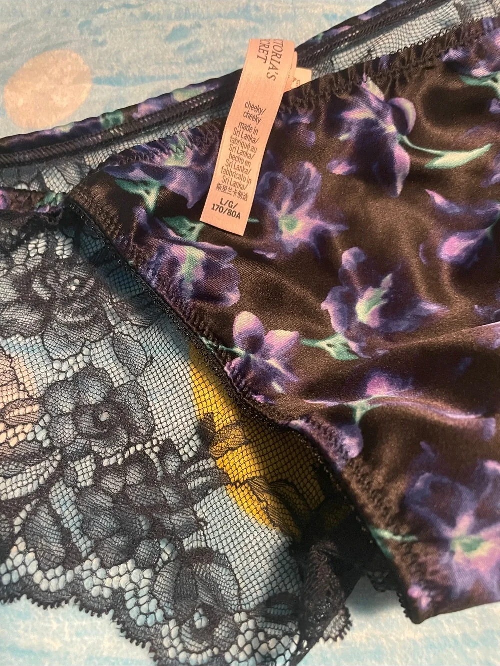 Victoria's Secret Black Floral Satin & Navy Lace Bikini Panty